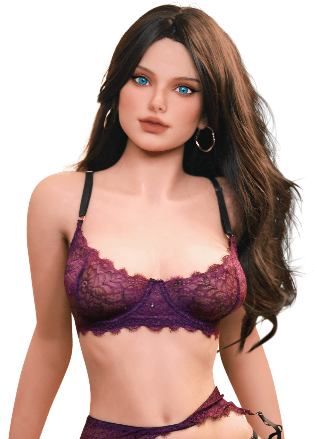 DutchDoll Ariana 167 cm muñeca sexual con cabello castaño y ojos azules en lencería de encaje morado, vista frontal