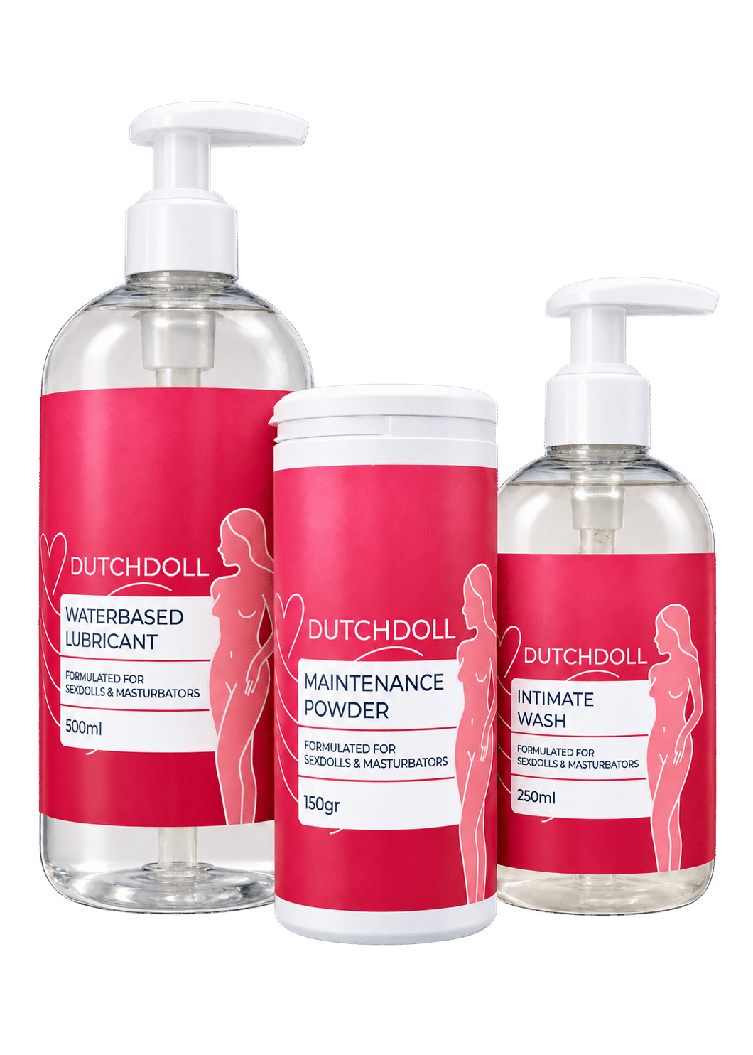 DutchDoll Complete Care Set, trois produits d'entretien pour poupée sexuelle en flacons blancs à étiquette rose