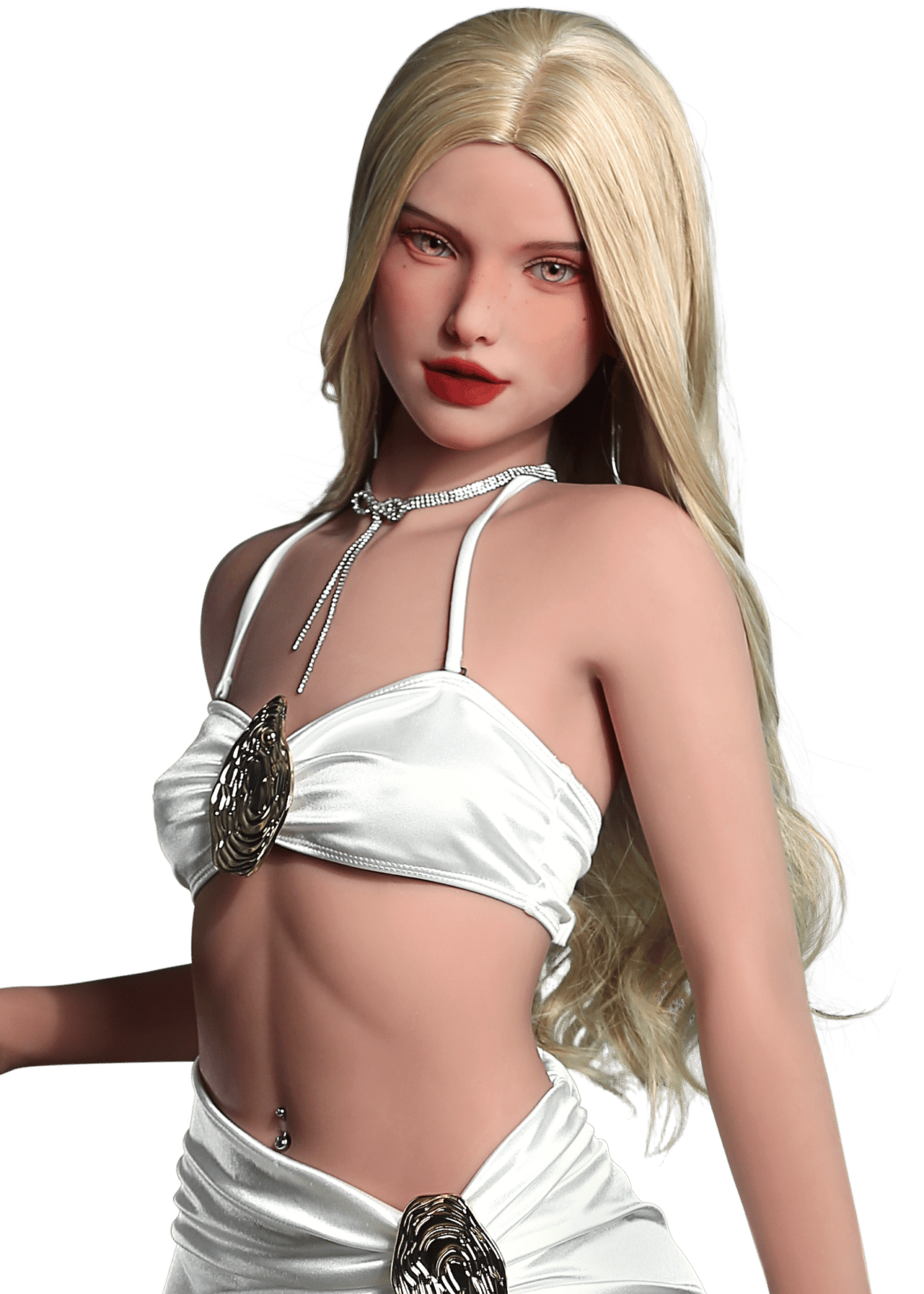 DutchDoll Celina 165 cm sexdocka framifrån med långt blont hår, vit bikini och silversmycken