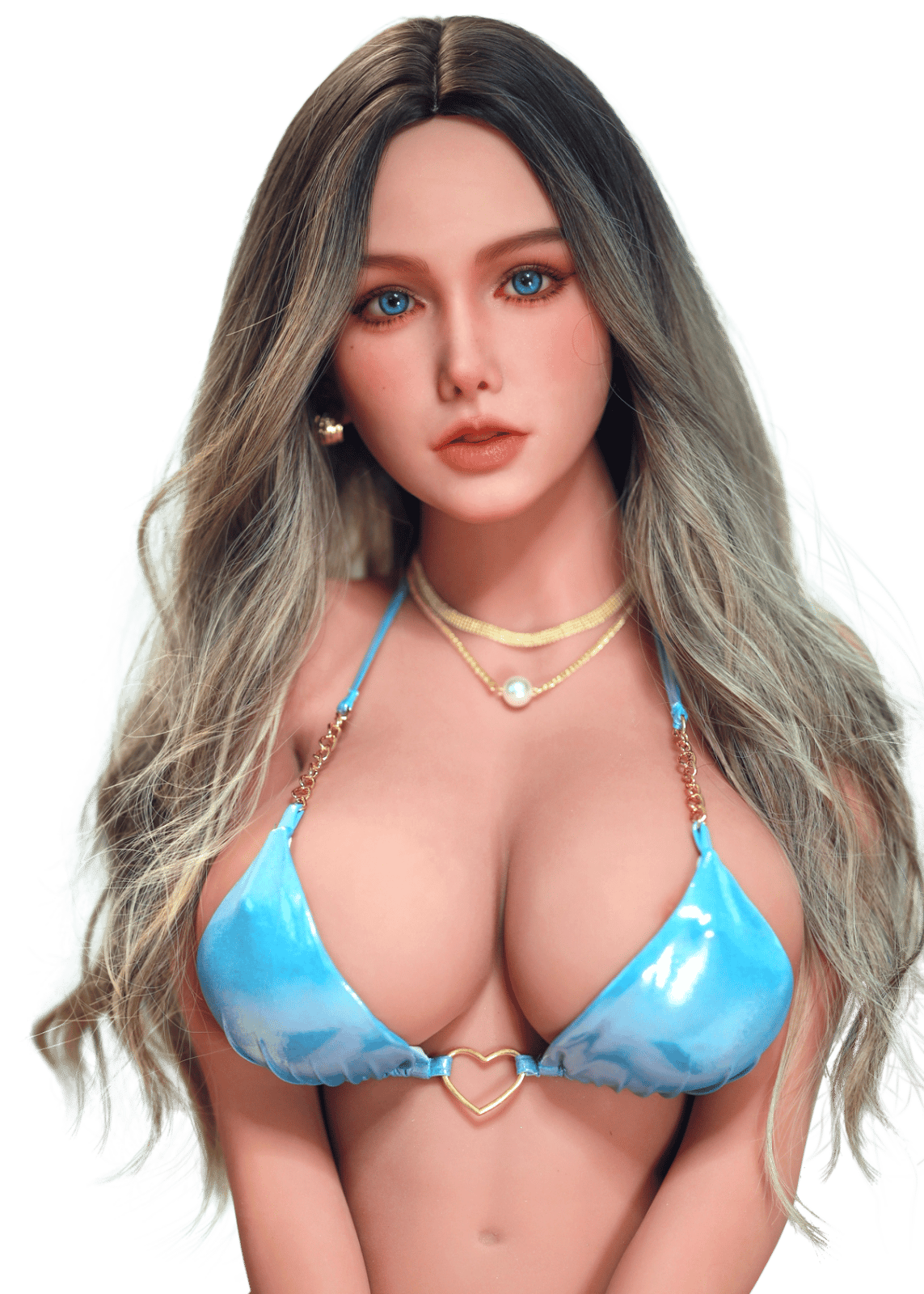 DutchDoll Freya 157 cm muñeca sexual vista frontal con bikini azul, cabello rubio y ojos azules