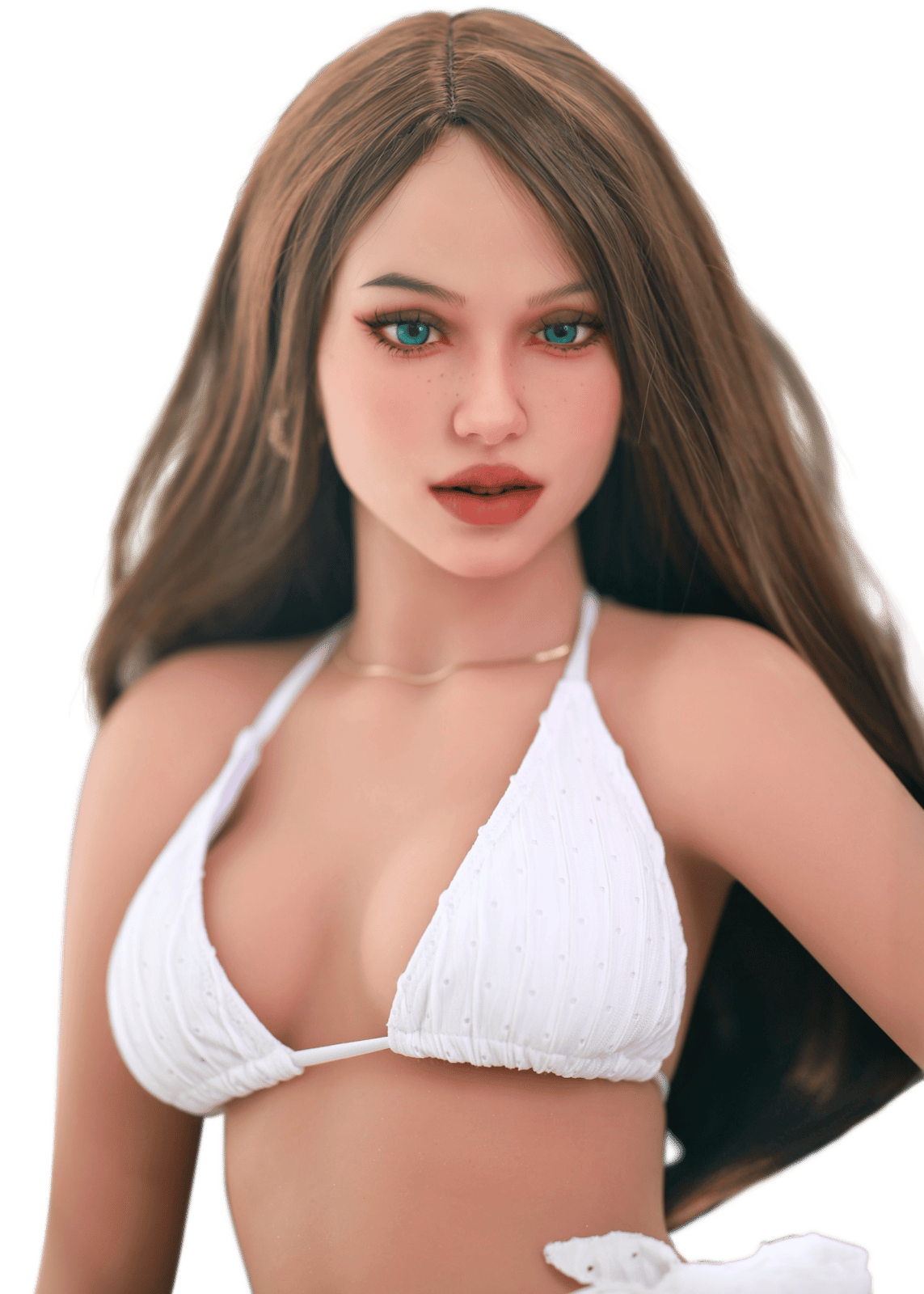 DutchDoll Isabella 158 cm bambola del sesso con capelli castani e occhi azzurri, vista frontale in top bianco
