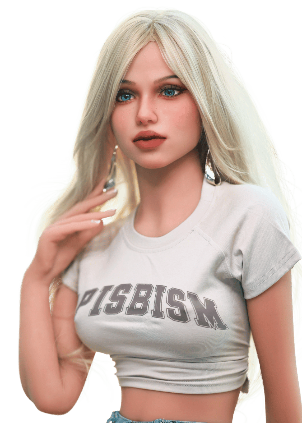 DutchDoll Lilly 158 cm Sexpuppe Porträt, blonde Haare, blaue Augen, weißes Crop-Shirt mit Text