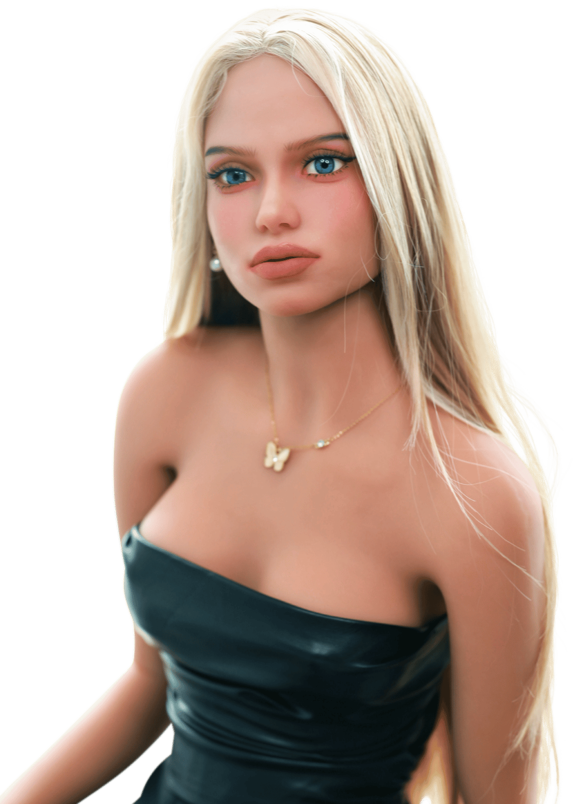 DutchDoll Sophie 158 cm poupée sexuelle avec cheveux blonds, yeux bleus et haut noir épaules dénudées, vue portrait