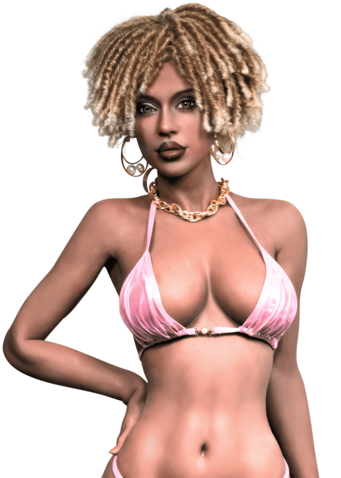 Blazedoll Amara 156 cm lalka erotyczna z blond dreadami, ciemnym odcieniem skóry, złotą biżuterią i różowym bikini, widok z p…