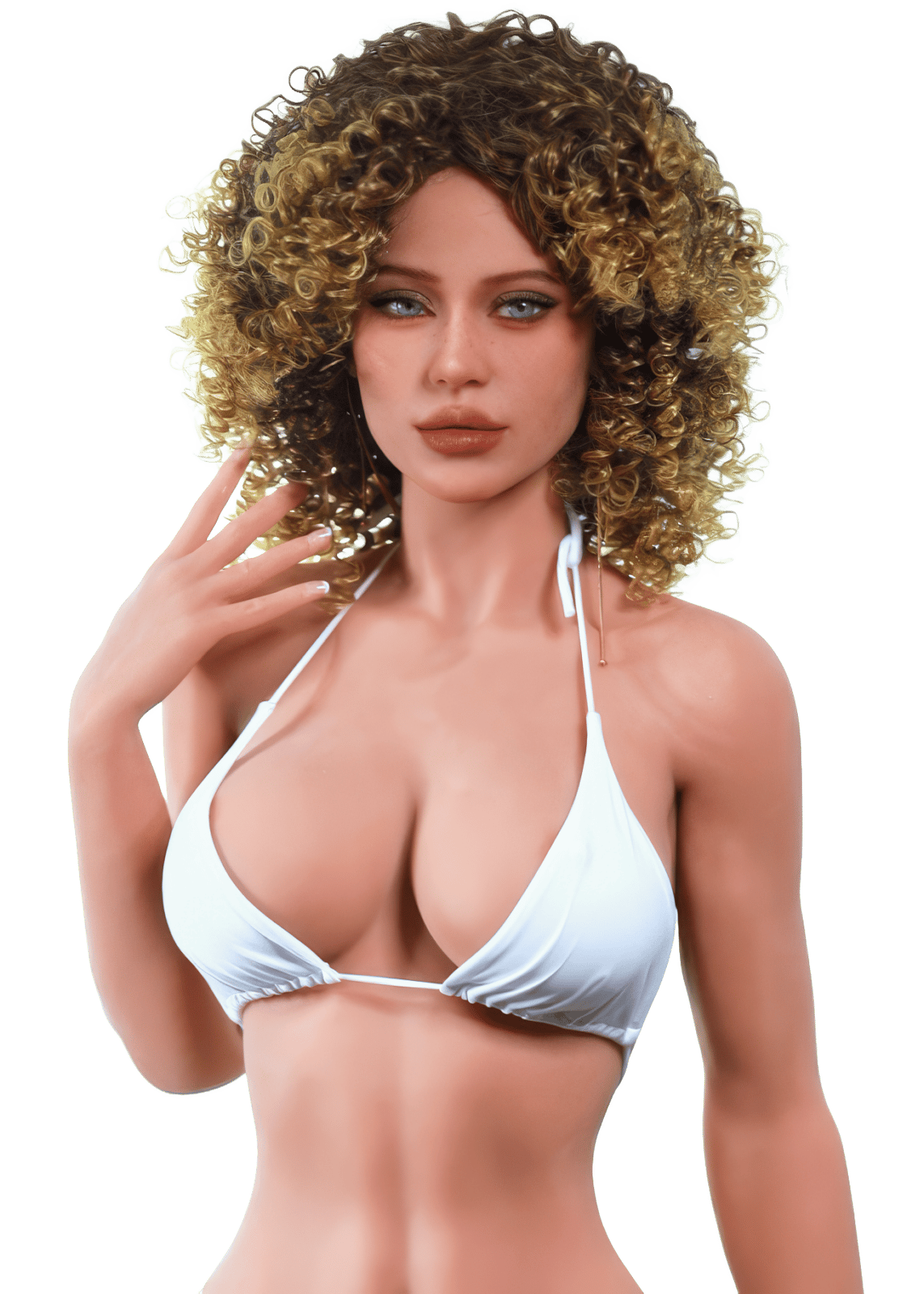 Blazedoll Camila 156 cm lalka erotyczna z kręconymi brązowymi włosami i białym bikini, widok z przodu