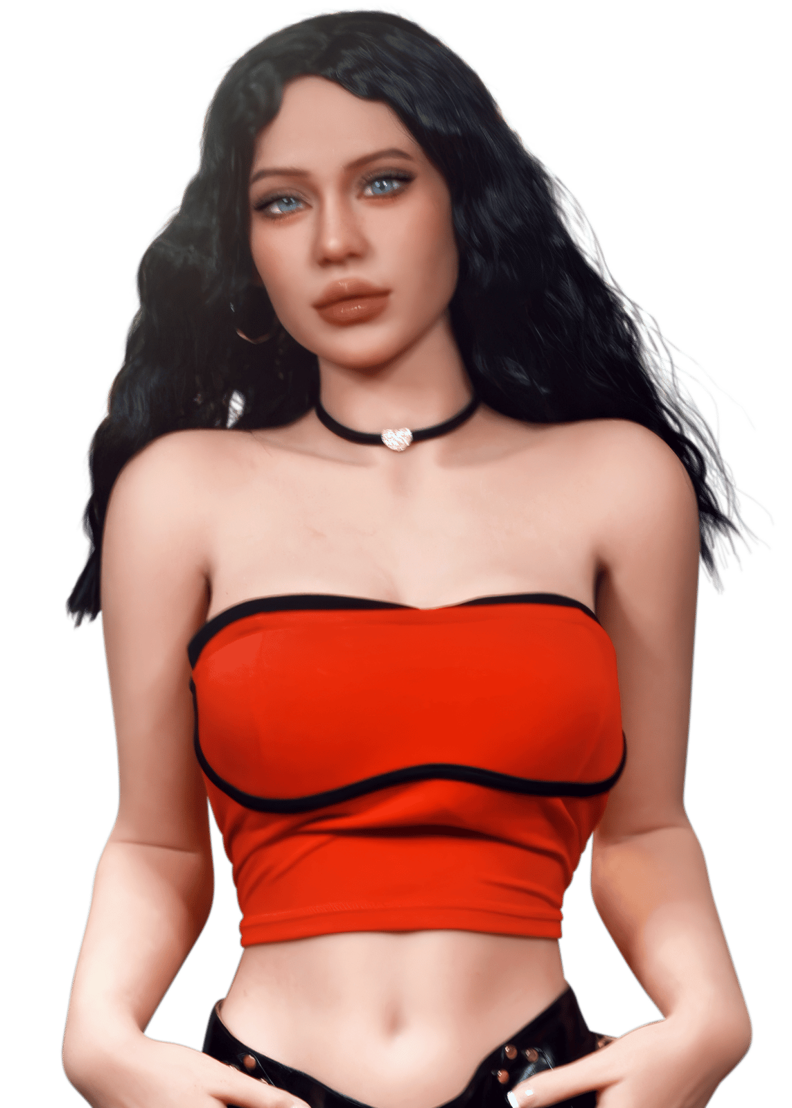 Blazedoll Sasha 166 cm lalka erotyczna czarne włosy, czerwony top bandeau i choker, widok z przodu