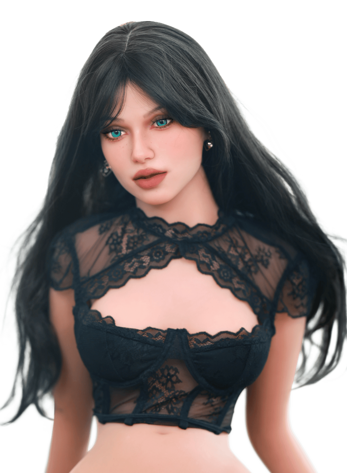 DutchDoll Layla 158 cm bambola del sesso vista frontale con lunghi capelli neri, occhi azzurri e lingerie nera in pizzo