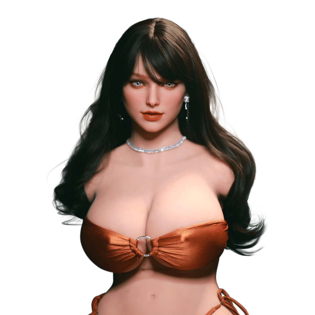 DutchDoll Adele 86 cm Torso Vorderansicht mit langen dunklen Haaren, orangem Bandeau-Top und Schmuck