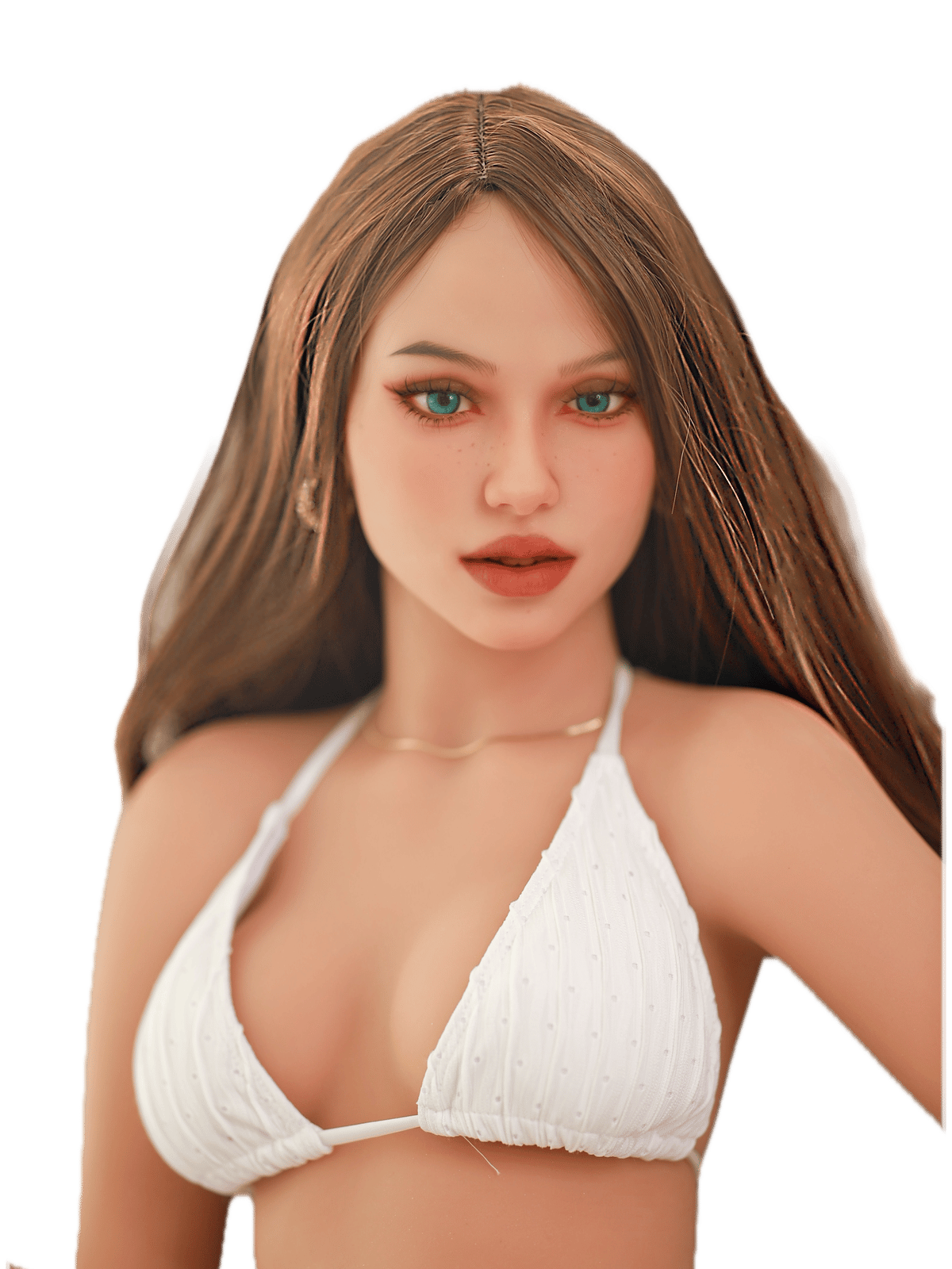 DutchDoll Isabella 158 cm bambola del sesso con lunghi capelli castani e top bikini bianco, vista frontale