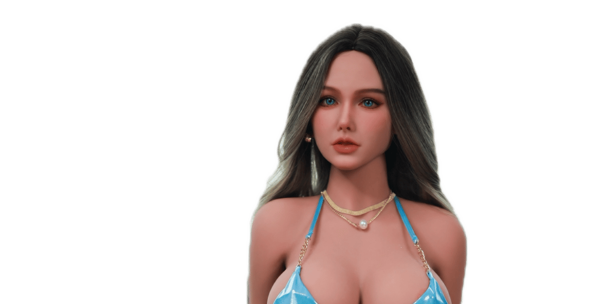 DutchDoll Freya 157 cm muñeca sexual vista frontal en bikini azul con collar dorado