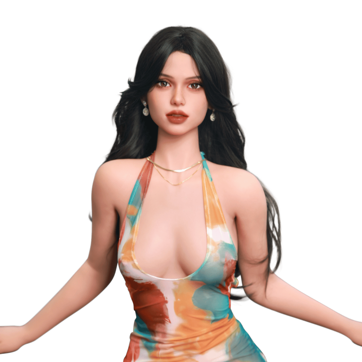 DutchDoll Nina 161 см секс кукла с дълга тъмна коса, топ с връзки на врата с цветен десен, изглед отпред, разперени ръце