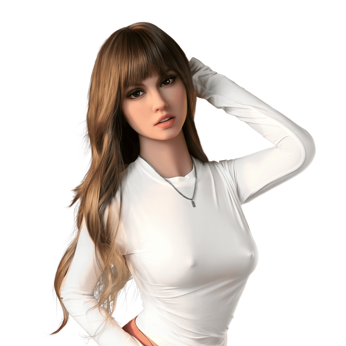 RF Doll Mila 158 см секс кукла с дълга кафява коса, бяла блуза и ръка в косата