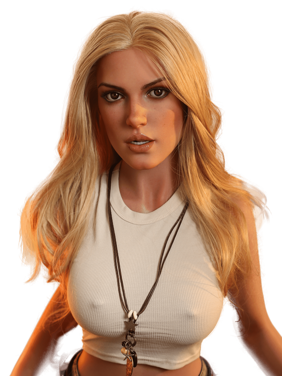 RF Doll Skye 158 cm poupée sexuelle en silicone aux longs cheveux blond doré, haut beige et collier