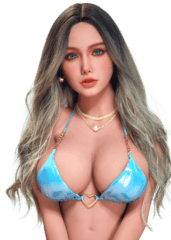 DutchDoll Freya 157 cm poupée sexuelle vue de face avec bikini bleu, cheveux blonds et yeux bleus