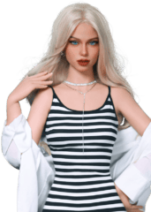 DutchDoll Hannah 161 cm poupée sexuelle cheveux blonds, top rayé et chemise blanche, vue de face