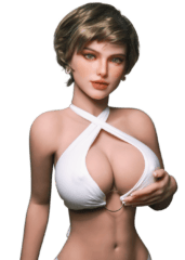 DutchDoll Kate 159 cm păpușă sexuală vedere frontală cu păr scurt castaniu și top alb