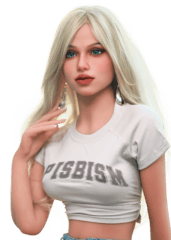 DutchDoll Lilly 158 cm poupée sexuelle portrait, cheveux blonds, yeux bleus, crop top blanc avec texte