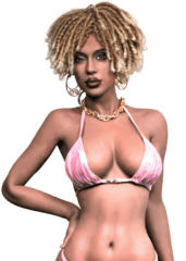 Blazedoll Amara 156 cm lalka erotyczna z blond dreadami, ciemnym odcieniem skóry, złotą biżuterią i różowym bikini, widok z p…