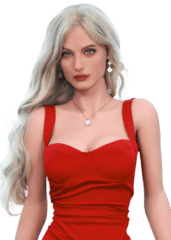 Blazedoll Roxy 166 cm lalka erotyczna z blond włosami i niebieskimi oczami w czerwonej sukience, portret