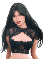 DutchDoll Layla 158 cm poupée sexuelle vue de face avec longs cheveux noirs, yeux bleus et lingerie noire en dentelle