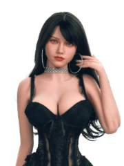 DutchDoll Alexis 159 см секс-лялька з чорним волоссям та блакитними очима в чорній мереживній сукні, вид спереду