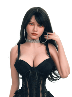 DutchDoll Alexis 159 см секс-лялька з чорним волоссям та блакитними очима в чорній мереживній сукні, вид спереду