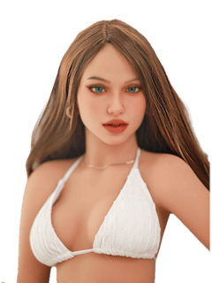 DutchDoll Isabella 158 cm bambola del sesso con lunghi capelli castani e top bikini bianco, vista frontale