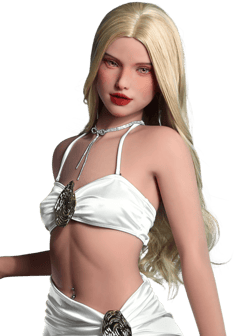 DutchDoll Celina 165 cm sexdocka framifrån med långt blont hår, vit bikini och silversmycken