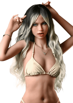 DutchDoll Chloe 161 cm lalka erotyczna widok z przodu, beżowe bikini, długie blond falowane włosy z ciemnymi odrostami