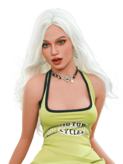 DutchDoll Jade 158 cm poupée sexuelle vue de face avec cheveux blancs, yeux bleus, top jaune et collier