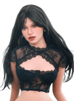 DutchDoll Layla 158 cm poupée sexuelle vue de face avec longs cheveux noirs, yeux bleus et lingerie noire en dentelle