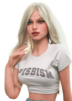 DutchDoll Lilly 158 cm poupée sexuelle portrait, cheveux blonds, yeux bleus, crop top blanc avec texte