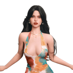DutchDoll Nina 161 cm Sexpuppe mit langen dunklen Haaren, Neckholder-Top mit buntem Muster, Vorderansicht, Arme gespreizt
