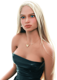 DutchDoll Sophie 158 cm muñeca sexual con cabello rubio, ojos azules y top negro sin hombros, vista retrato