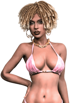 Blazedoll Amara 156 cm sex doll with blonde dreadlocks, dark skin tone, gold jewelry and pink bikini, front view
