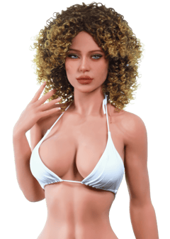 Blazedoll Camila 156 cm sex doll with curly brown hair and white bikini, front view