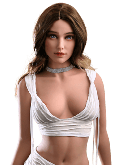 Blazedoll Lisa-Marie 166 cm lalka erotyczna brązowe włosy, niebieskie oczy, biały top i choker, widok z przodu