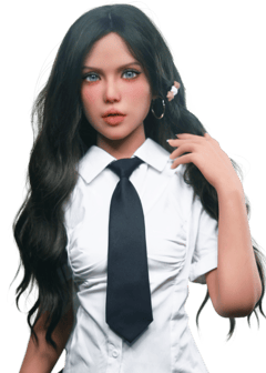 Blazedoll Nova 157 cm sex doll with long brown hair, white shirt and black tie, front view