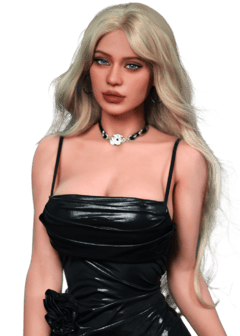 Blazedoll Stella 156 cm sex doll with blonde hair, blue eyes, black dress and necklace, portrait