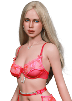 Lexydoll Rosa 160 cm Dreiviertelansicht mit langen blonden Haaren und roter Spitzenwäsche