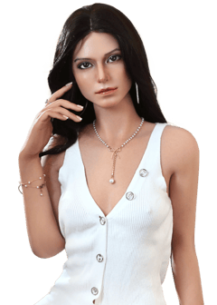 Lexydoll Valentina 165 cm muñeca sexual de silicona, vista frontal, top tejido blanco con botones, joyas doradas