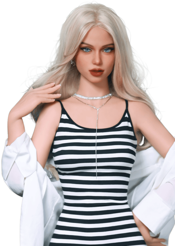 DutchDoll Hannah 161 cm lalka erotyczna blond włosy, top w paski i biała koszula, widok z przodu