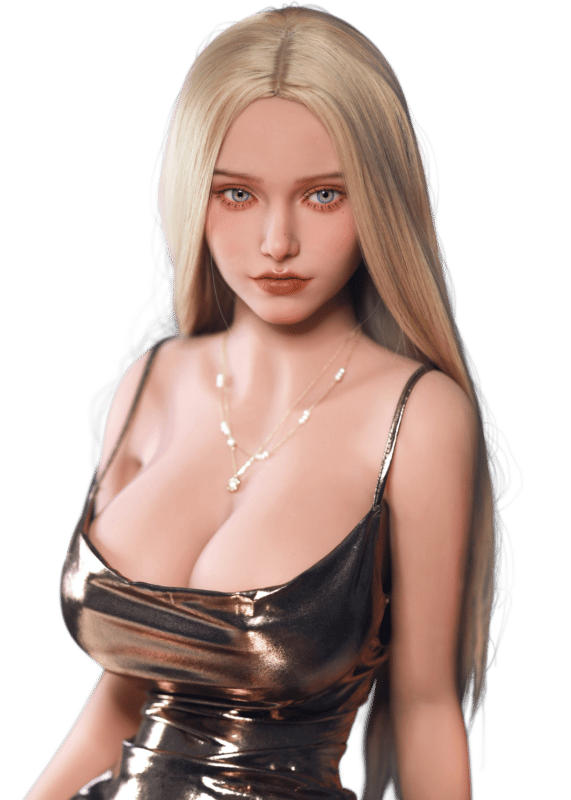 DutchDoll Mia 159 cm poupée sexuelle aux cheveux blonds et yeux bleus, vue portrait avec collier