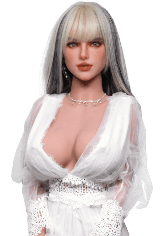 DutchDoll Tiana 159 cm poupée sexuelle portrait avec cheveux blonds, tenue en dentelle blanche et collier