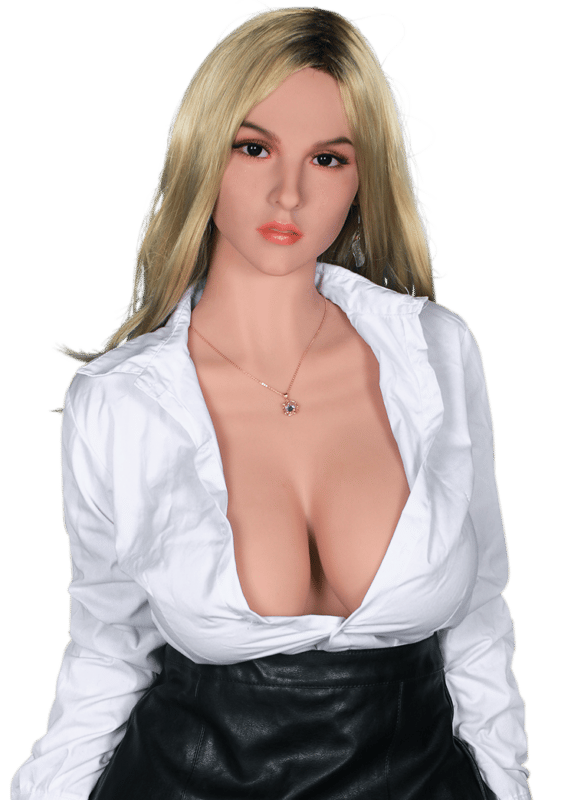 Blazedoll Bonny 163 cm lalka erotyczna blond włosy, jasny odcień skóry, biała koszula i czarna spódnica, widok z przodu