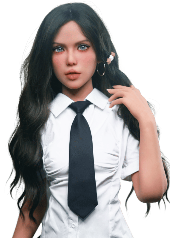Firedoll Nova 157 cm poupée sexuelle aux longs cheveux bruns, chemise blanche et cravate noire, vue de face