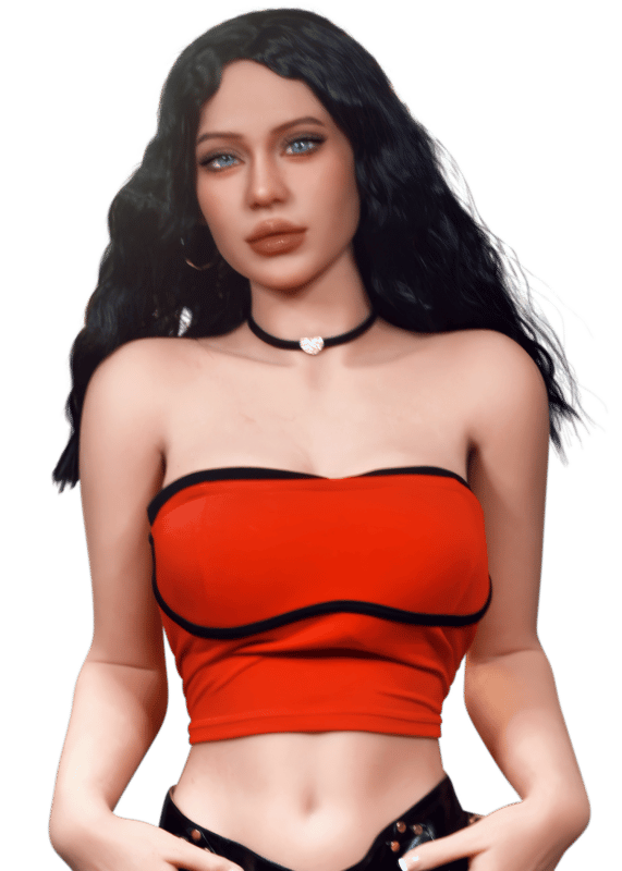 Blazedoll Sasha 166 cm lalka erotyczna czarne włosy, czerwony top bandeau i choker, widok z przodu