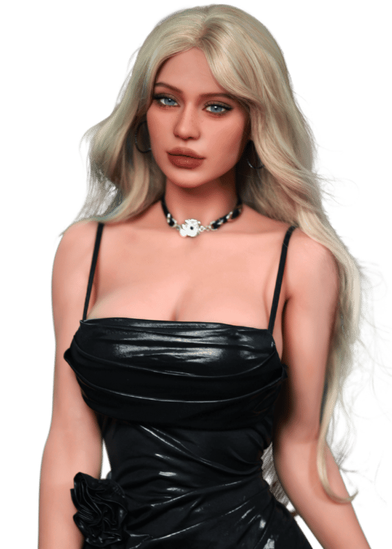 Firedoll Stella 156 cm poupée sexuelle aux cheveux blonds, yeux bleus, robe noire et collier, portrait