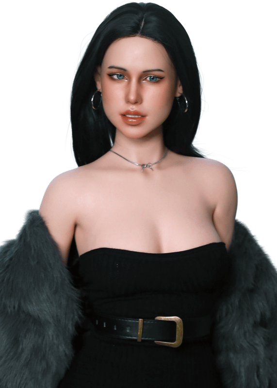 Lexydoll Naomi 160 cm poupée sexuelle portrait avec cheveux noirs, yeux bleus, top bustier noir et manteau fourrure