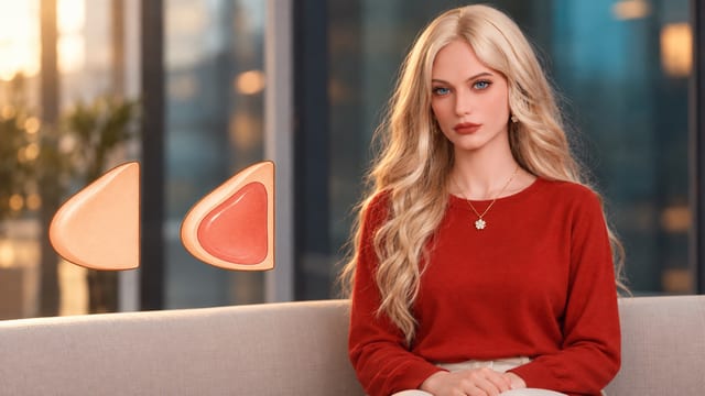 Sex doll with long blonde hair and red sweater, breast types comparison with gel and standard filling
